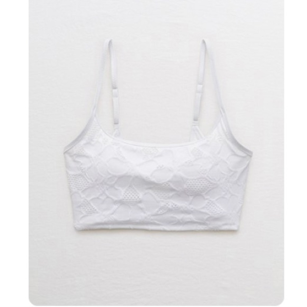 NWT AERIE JACQUARD LONGLINE SCOOP BIKINI TOP, Medium, WHITE
